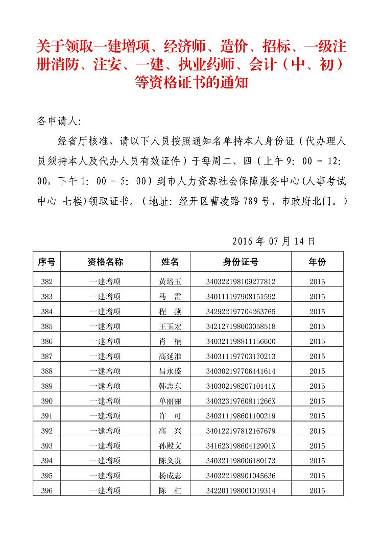 蚌埠一建增項、一建資格證書領(lǐng)取的通知