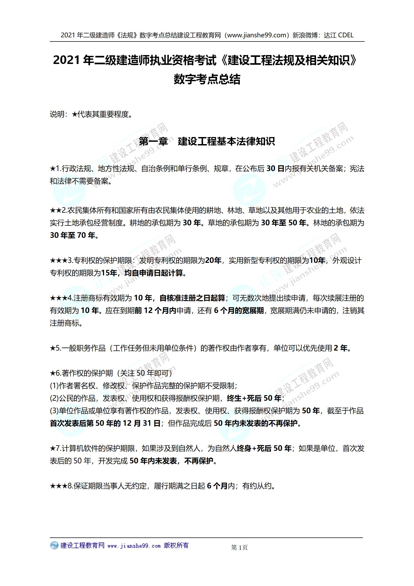 2021年二級建造師法規(guī)科目數(shù)字考點總結_01 2021年二級建造師法規(guī)科目數(shù)字考點總結_01