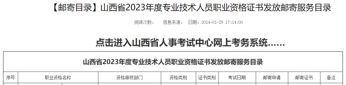 山西省2023年度專業(yè)技術(shù)人員職業(yè)資格證書發(fā)放郵寄服務(wù)目錄 山西省2023年度專業(yè)技術(shù)人員職業(yè)資格證書發(fā)放郵寄服務(wù)目錄