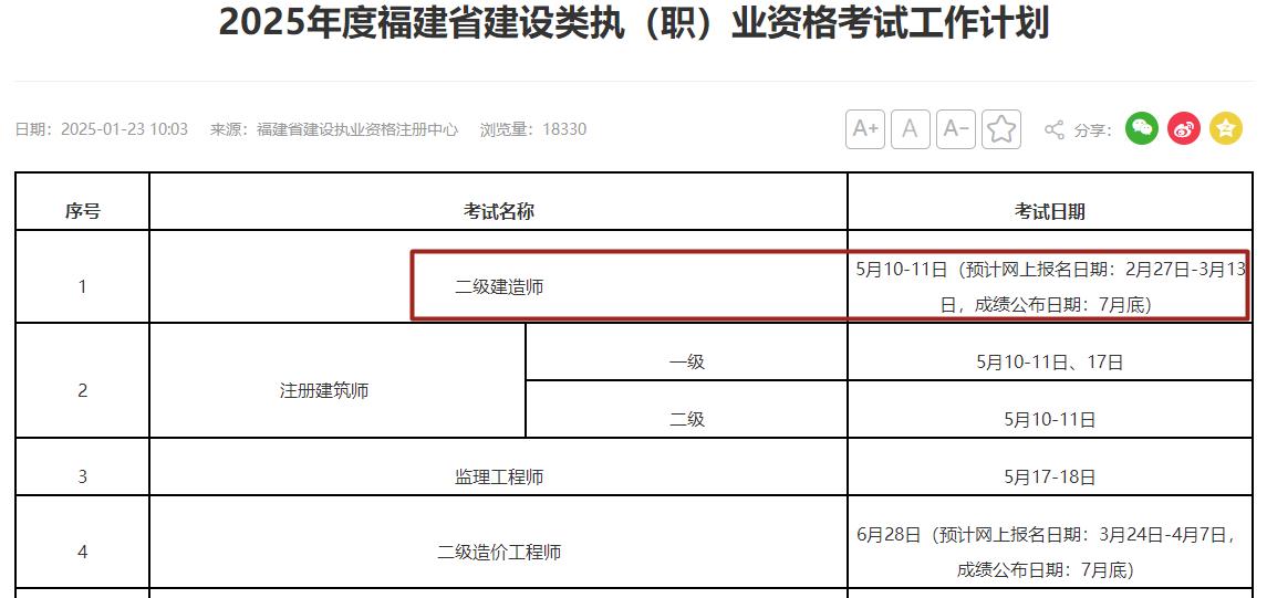 2025年福建二級建造師考試時間5月10-11日 2025年福建二級建造師考試時間5月10-11日